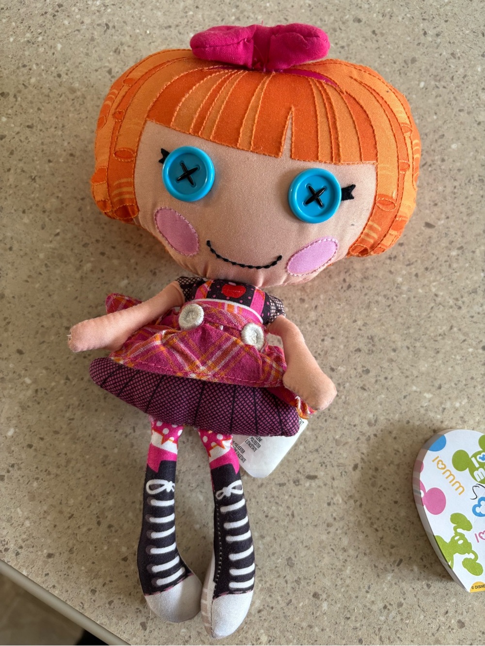 Orange-Haired Button-Eye Plush Doll in Pink Dress